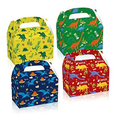 Imagem de 12 caixas de petiscos vibrantes de dinossauro com alças, várias cores, caixas de festa de dinossauro para lembrancinhas e decoração de aniversário para celebrações infantis