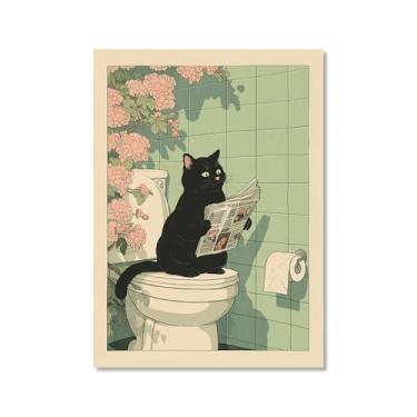 Imagem de Tela de arte de parede de banheiro japonês com gatos lidos jornal pôster de flores abstratas impressões de animais engraçados pintura zen minimalista decoração de banheiro spa para casa de banho