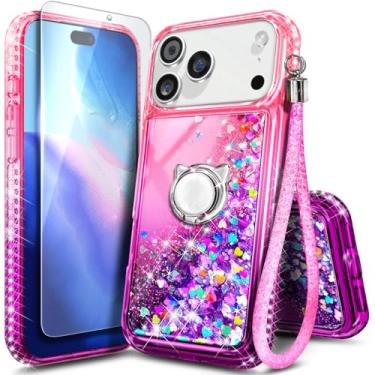 Imagem de Capa NGB projetada para iPhone 17-Pro, rosa/roxo | Capa de telefone fofa com glitter líquido brilhante para mulheres e crianças | com protetor de tela de vidro temperado, suporte de anel e cordão de