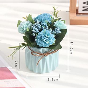 Imagem de Cosiki Flores Em Vasos de Hortênsia de Seda Artificial, Vaso de Cerâmica, Decoração de Pétalas Lisas Com Design Elegante, Ideal para Decoração de Mesa de Casa, Sala de Estar e Quarto (Azul)