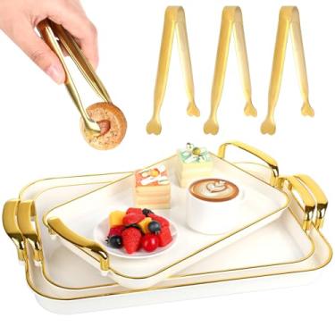 Imagem de 3 bandejas de servir com alças, bandejas de servir empilháveis com 3 pinças de cubos de açúcar, bandejas retangulares de comida de 40 cm, travessas de festa brancas para jantar, biscoitos, bolos