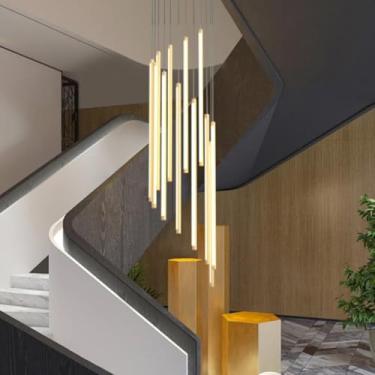 Imagem de Luminária pendente LED moderna para escada, lustre longo giratório com 12 lâmpadas, dimerizável, imitação de madeira, luminária suspensa ajustável para teto oco de sala de estar (12 lâmpadas