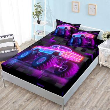 Imagem de HOSIMA Lençol solteiro com elástico para meninos Monster Truck, estampa geométrica, esportes radicais, para decoração de quarto de caminhão monstro, 1 lençol com elástico + 2 fronhas.