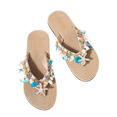 Imagem de MakeMeChic Sandália feminina com estampa de estrela do mar, verão, praia, bico aberto, boho, sandálias rasteiras, Multicor, 35