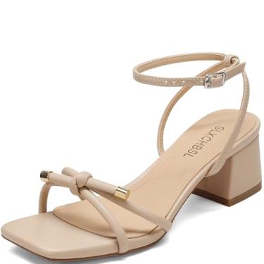 Imagem de SLXCHBSL Sandália feminina salto bloco bico quadrado design nó fivela no tornozelo elegante bico aberto salto baixo 5 cm sandálias para festa de casamento, Nude., 41