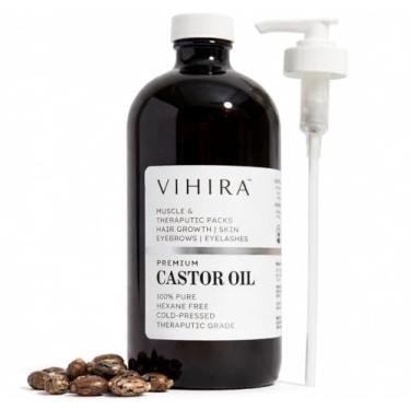 Imagem de Vihira Óleo de rícino dourado orgânico (473 ml | grau premium), prensado a frio, 100% puro, extra virgem, sem hexano, para crescimento do cabelo, cílios, sobrancelha, pele, umbigo, músculos e