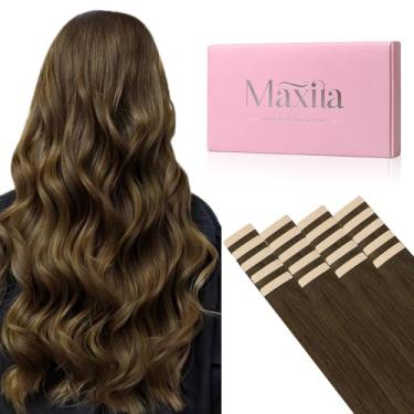 Imagem de MAXITA Extensões de fita adesiva, 35,5 cm, 20 peças, 50 g, fita de cabelo humano Remy, extensões de cabelo humano real, marrom mel com pontas grossas e retas em extensões de cabelo para mulheres