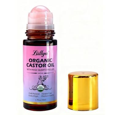 Imagem de Liillya Óleo de rícino orgânico com rolo de quartzo rosa – 100% puro prensado a frio, sem hexano, hidratante natural para pele, cabelo, sobrancelhas e cílios | Frasco de vidro âmbar, 50 ml (48 g)