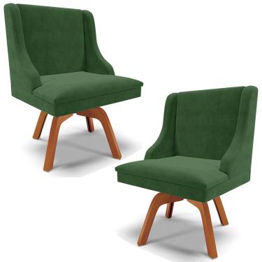 Imagem de Kit 2 Poltronas Decorativas Base Giratória de Madeira Firenze Suede Verde Esmeralda/Natural - Gran Belo