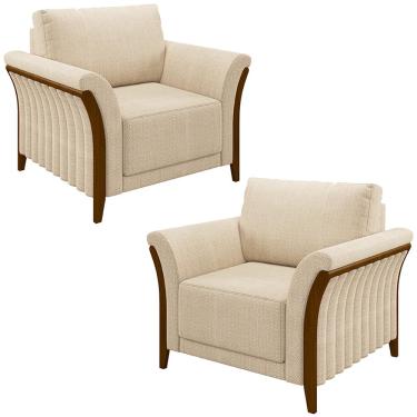 Imagem de Kit 2 Poltronas Decorativas Pés em Madeira Market Linho Champagne - Gran Belo