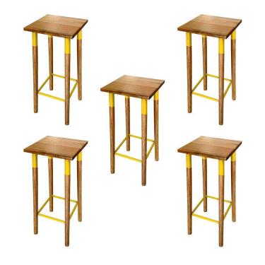Imagem de Kit 5 Banquetas Bistro Industrial Colors Ferro E Madeira Maciça - Amarela Amarelo