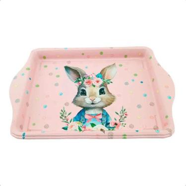 Imagem de Bandeja Metal Decoração Pascoa Coelho Pratinho Decorativo Cor:Rosa - A