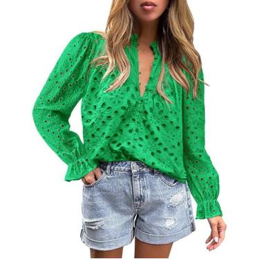 Imagem de Camisa PRETTYGARDEN Manga Bufante Renda Vazado Decote V XL Verde