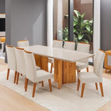 Imagem de Conjunto Sala de Jantar 8 Lugares Retangular Tampo de Vidro Mdf Chelsea Mel/Off White/Bege