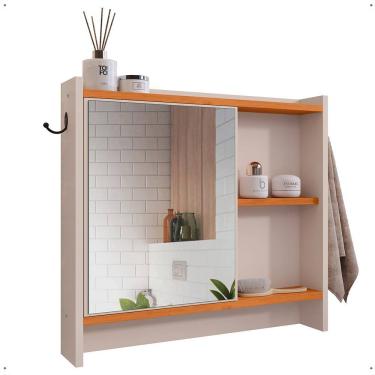 Imagem de Espelheira Genova Armário Suspenso Gancho Prateleira Organizadora Armarinho Banheiro Off/Cinamomo