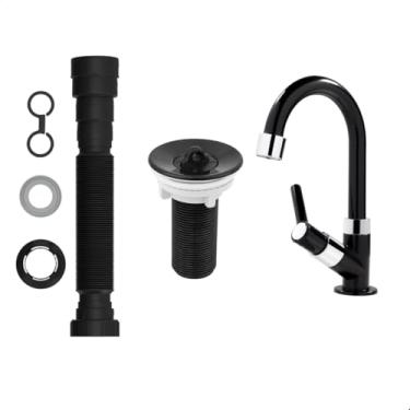 Imagem de Kit Completo Preto para Lavatório/Banheiro: Torneira + Válvula + Sifão