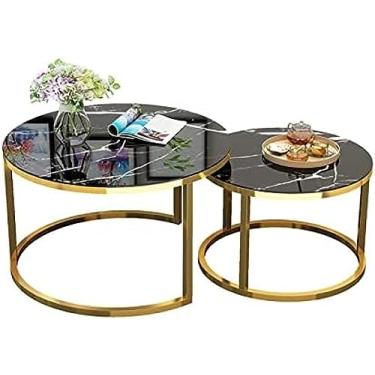 Imagem de Conjunto de 2 mesas de centro redondas Conjunto de mesa de centro preta com tampo de mesa de aparência de mármore e estrutura de metal Sofá Mesa lateral de vidro Mesa de lanche Mesa de chá d
