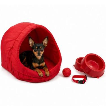 Imagem de Kit Cama Toca Iglu Pet Médio com Comedouro Coleira Bolinha Fofos - Sup