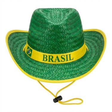 Imagem de Chapéu Cowboy Palha Grossa Fita Brasil Verde com Cordão - Senhor Preço