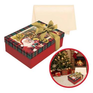 Imagem de Kit Presente Caixa 35x25cm Cheguei Papai Noel Seda Fita Laço Vermelho 