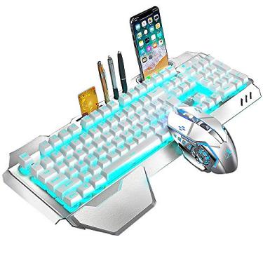 Imagem de Teclado e mouse sem fio, teclado recarregável com retroiluminação de LED azul com bateria de 3800 mAh, painel de metal, sensação mecânica removível para descanso de mão, mouse mudo para jogos de 7