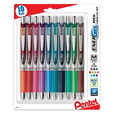 Imagem de Pentel Caneta de gel líquido retrátil EnerGel RTX (0,7 mm), linha média, ponta de metal, tinta sortida, pacote com 10 (BL77BP10M)