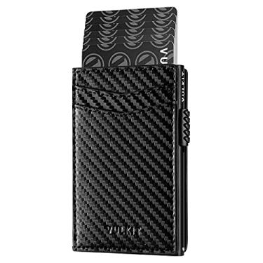 Imagem de VULKIT Carteira masculina fina com porta-cartões pop-up com bloqueio de RFID, design minimalista, comporta até 11 cartões, Fibra de carbono preta, Taille unique, Minimalista