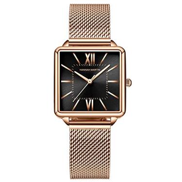 Imagem de Relógio de pulso feminino com pulseira de aço inoxidável e ouro rosa/prata, casual, impermeável, com mostrador quadrado, Rosa preta, Relógio de quartzo