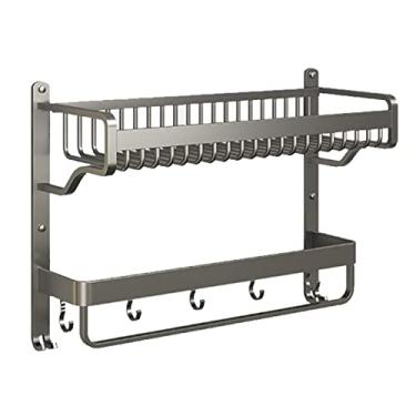 Imagem de KIZQYN Prateleira de banheiro prateleira de parede de banheiro toalheiro com barra de toalha e ganchos, prateleira de chuveiro de 2 níveis prateleira de banheiro, prateleira de toalha cinza prateleiras de parede de banheiro (tamanho: L57cm)