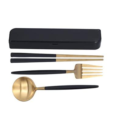Imagem de Conjunto de talheres, colher durável garfo pauzinhos utensílios de viagem para trabalhar para a escola (ouro preto (caixa de armazenamento preta))