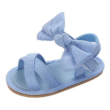 Imagem de Sandálias de verão para crianças bebês meninas sandálias de fundo plano claro aberto cor sólida laço alça traseira sandálias de bebê menina (azul, 6 a 12 meses)
