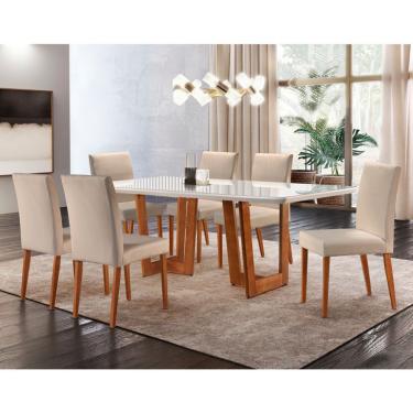 Imagem de Conjunto de Mesa de Jantar com 6 Cadeiras Talia Veludo Off White e Creme 180 cm