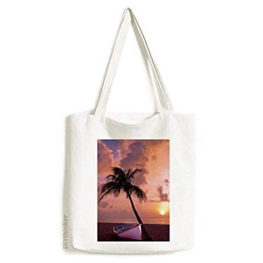 Imagem de Bolsa de lona com imagem de árvore de barco e areia oceânica bolsa de compras casual bolsa de compras