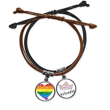 Imagem de DIYthinker Pulseira de couro com corrente de mão estilo princesa LGBT com coração lésbico arco-íris gay