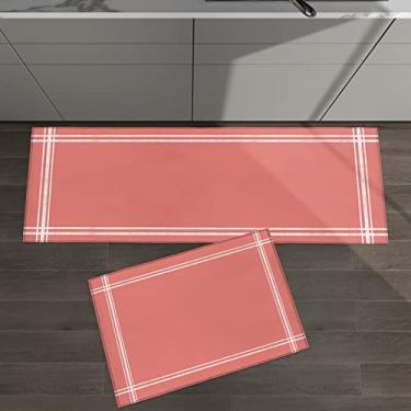 Imagem de Conjunto de 2 tapetes de cozinha cor sólida coral para tapetes acolchoados e tapetes antiderrapantes absorventes corredor confortável tapete de pé