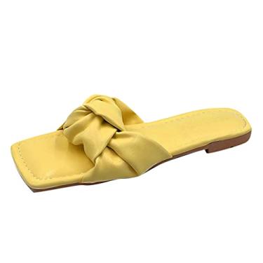 Imagem de Sandálias femininas planas femininas de verão sandálias planas e chinelos praia primavera moda leve plissado chinelo feminino (amarelo, 6,5-7)