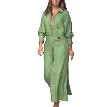 Imagem de Vestidos maxi para mulheres 2023 casual cor sólida botão até manga comprida lapela vestido bodycon Vestido Plus Size (Z1-Green, L)