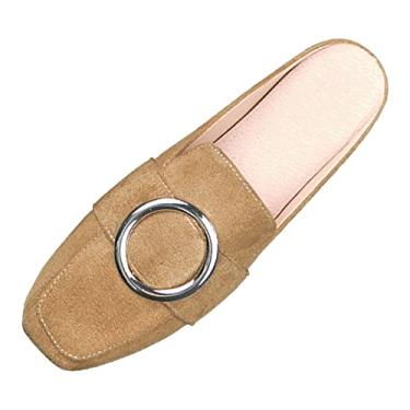 Imagem de CsgrFagr Pantufas femininas de primavera e verão de cor sólida camurça casual sandália tecida, Caqui, 8.5
