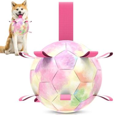 Imagem de QDAN Brinquedos para cães, bola de futebol com alças, brinquedos interativos gradientes para cães de cabo de guerra, para filhotes, brinquedo aquático para cães, copa do mundo
