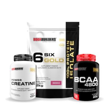 Imagem de Kit 6 Six Gold 100% Isolate 2kg + Power Creatina 100g + BCAA 4800 120 cáps - BODYBUILDERS (Médio, Morango)