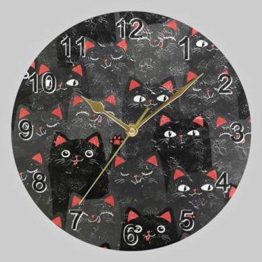 Imagem de CHIFIGNO Relógio redondo de desenho animado de gatos pretos e cinza, relógio de parede alimentado por bateria relógio redondo decoração de parede relógios de parede modernos para decoração de sala de