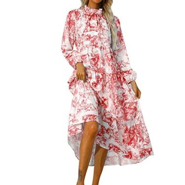 Imagem de Vestidos de verão feminino 2024 rodado longo casual gola rolê manga longa floral vestido maxi solto, Vermelho, G