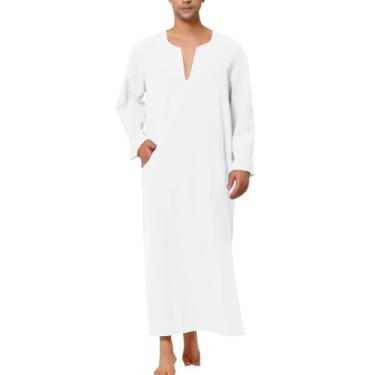 Imagem de MANYUBEI Roupão muçulmano masculino, roupas étnicas do Oriente Médio, gola V, manga comprida, camisa estilo longa, Branco, M
