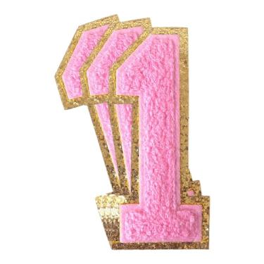 Imagem de 3 peças de remendos de número de chenille rosa glitter ferro em remendos de letras Varsity Remendos bordados de chenille costurar em remendos para roupas chapéu bolsas jaquetas camisa (rosa, 1)