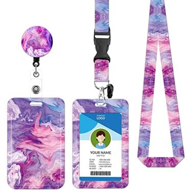 Imagem de Cordão de crachá e suporte de crachá de identificação, carretel retrátil com mosquetão para cinto de carretel, cordão de alça com fecho de lagosta para porta-crachás, presentes de escritório de professores de enfermagem (BLC-Purple Cloud Marble)