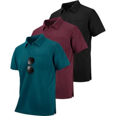 Imagem de ZITY Pacote com 3 camisetas polo masculinas com bolso, manga curta, absorção de umidade, uso ao ar livre, casual, verão, Azul-petróleo escuro + preto + vermelho vinho, G
