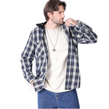 Imagem de Miaikvs Camisa masculina xadrez de flanela manga longa casual leve jaquetas com capuz com botão, Azul marinho, P