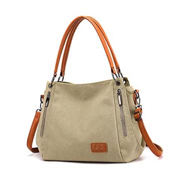 Imagem de NICOLE & DORIS Bolsa de ombro feminina de lona com zíper bolsa transversal feminina para trabalho, sapata, uso diário, Caqui, Large