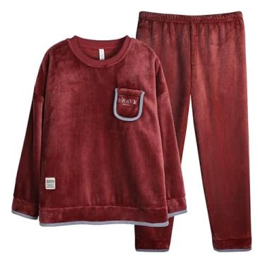 Imagem de LUBOSE Conjunto de camisola de flanela, camisola feminina, camisola térmica de inverno, terno longo feminino de manga comprida, conjunto de camisola confortável para uso doméstico (P, vermelho vinho)