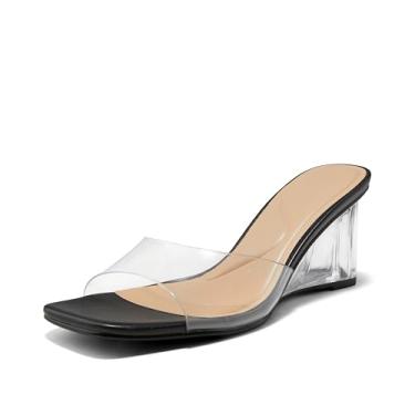 Imagem de Arromic Sandálias femininas de salto anabela transparente nude bico aberto sem cadarço salto baixo sexy transparente vestido de verão festa noite casamento vestido de formatura slide cunha mules